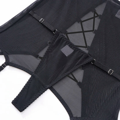 Sensual Lingerie Cut Out Bra Garter Lace Up Bandage Sissy Underwear 4-Piece Exotic Sets Transparent Mesh Intimate