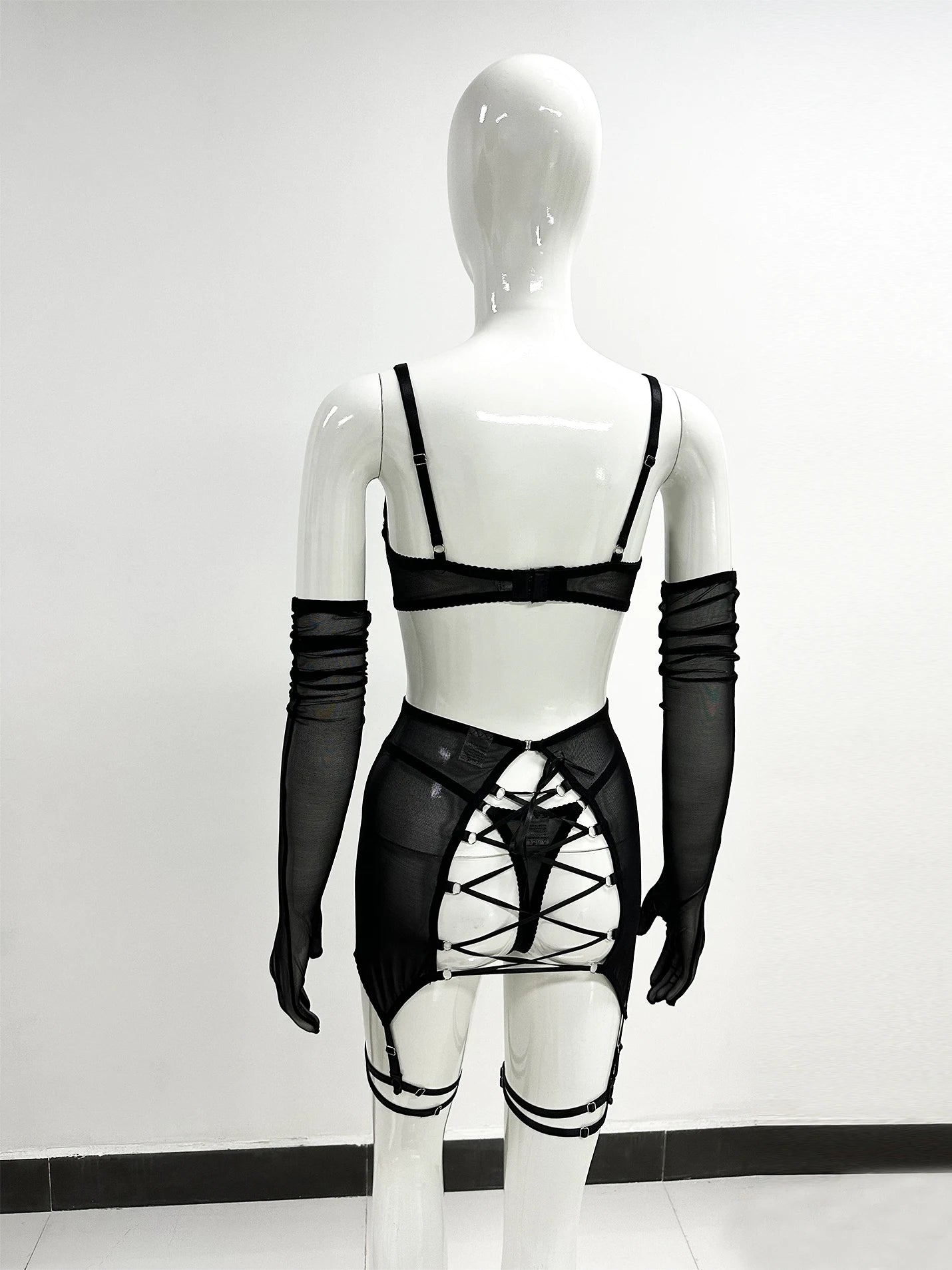 Sensual Lingerie Cut Out Bra Garter Lace Up Bandage Sissy Underwear 4-Piece Exotic Sets Transparent Mesh Intimate