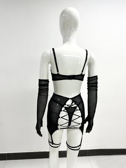 Sensual Lingerie Cut Out Bra Garter Lace Up Bandage Sissy Underwear 4-Piece Exotic Sets Transparent Mesh Intimate