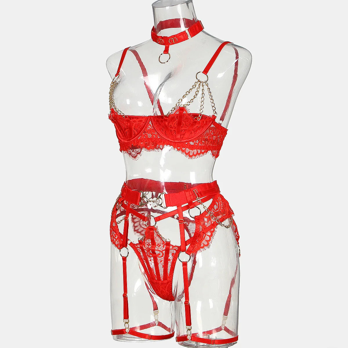 Fancy Lingerie Luxury Lace Push Up Half Cup Bra With Chain Hot Sexy Red Delicate Underwear Valentine Sissy Intimate LACYMATE®