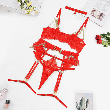 Fancy Lingerie Luxury Lace Push Up Half Cup Bra With Chain Hot Sexy Red Delicate Underwear Valentine Sissy Intimate LACYMATE®