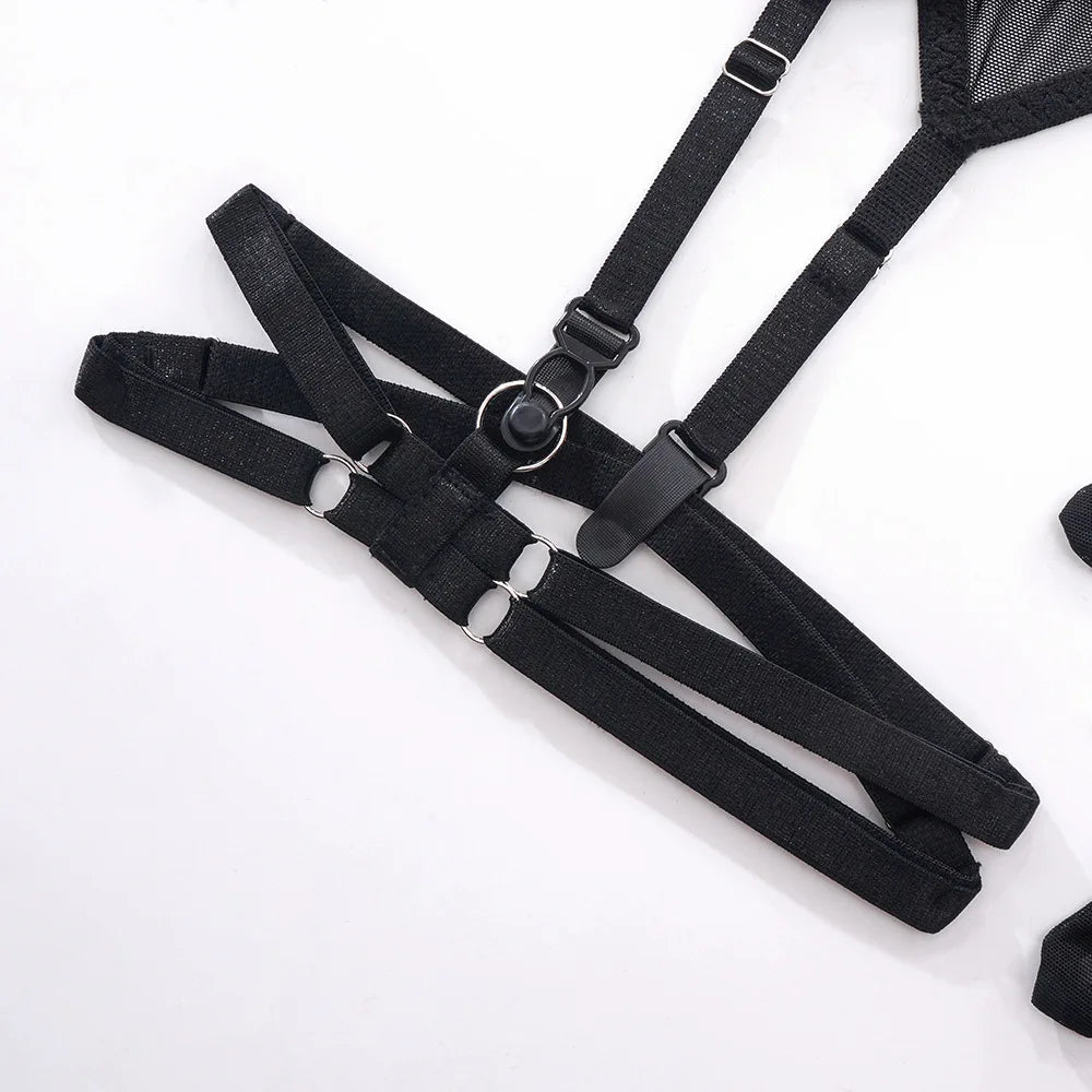 Sensual Lingerie Cut Out Bra Garter Lace Up Bandage Sissy Underwear 4-Piece Exotic Sets Transparent Mesh Intimate