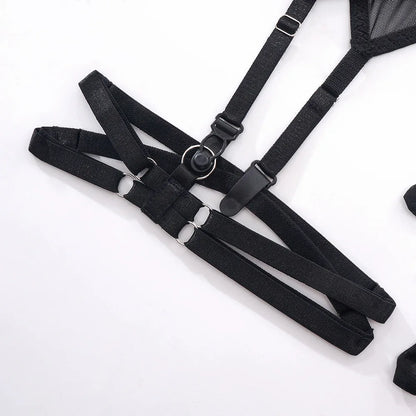 Sensual Lingerie Cut Out Bra Garter Lace Up Bandage Sissy Underwear 4-Piece Exotic Sets Transparent Mesh Intimate