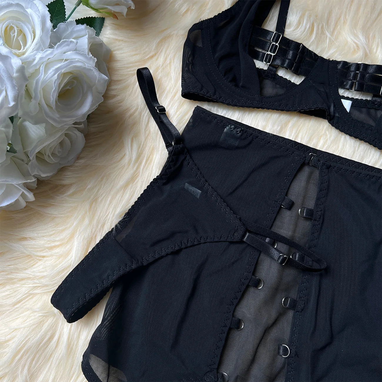 Sensual Lingerie Cut Out Bra Garter Lace Up Bandage Sissy Underwear 4-Piece Exotic Sets Transparent Mesh Intimate