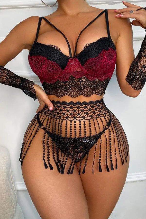 LacyMate™ Siri Lingerie Set - Black and Burgundy Lacy Mate