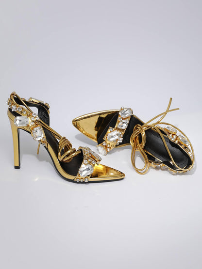 Tempest Crystal Lace Up Heels In Gold