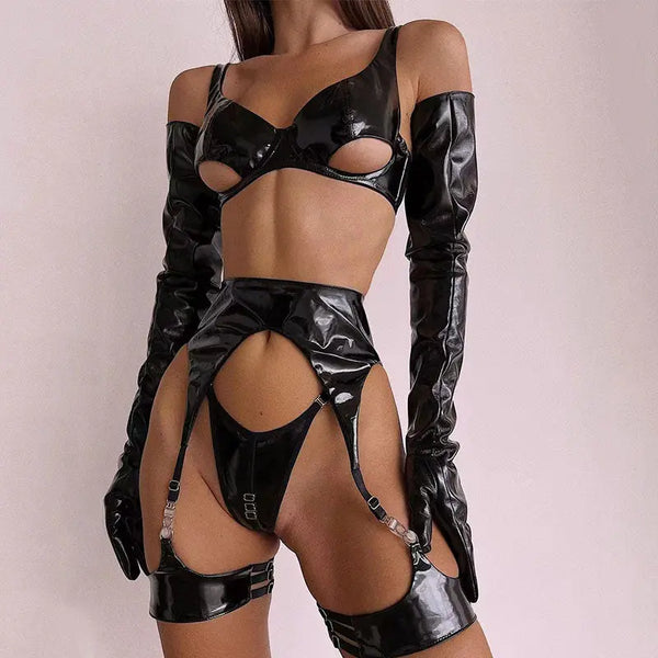 LacyMate™ Latex Leather Lingerie Set Black Pu Lacy Mate
