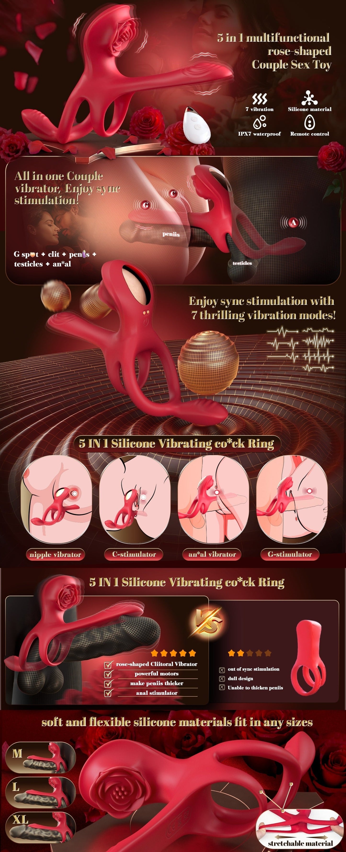 💥2025 NEW ROZY - Vibrating Cock Ring Couple Sex Toys Male Sexual Toy With 5 In 1 Stimulator Nighty